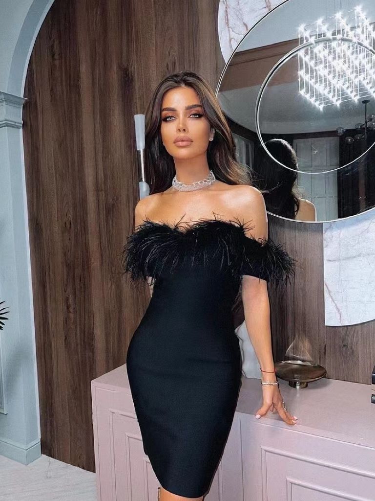 Off Shoulder Feather Midi Bandage Dress