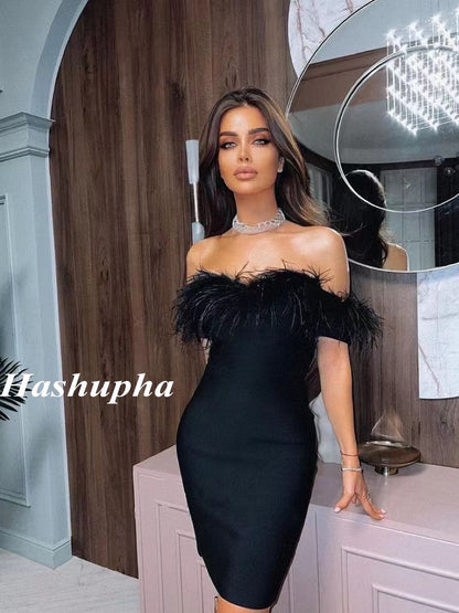 Off Shoulder Feather Midi Bandage Dress