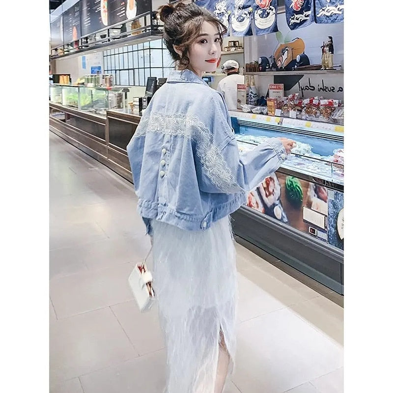 Lace Stitching Single Breasted Denim Jacket