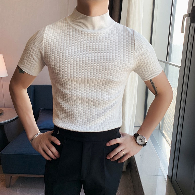 Men Short Sleeve Turtleneck Knitted Sweater