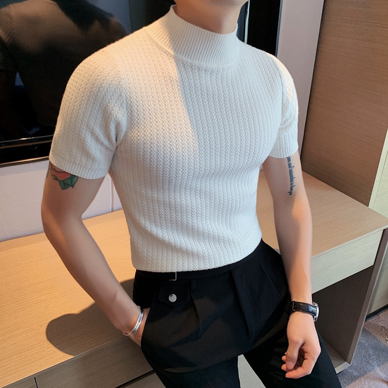 Men Short Sleeve Turtleneck Knitted Sweater