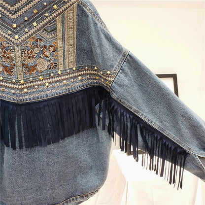 Denim Floral Embroidery Suede Fringe Jacket