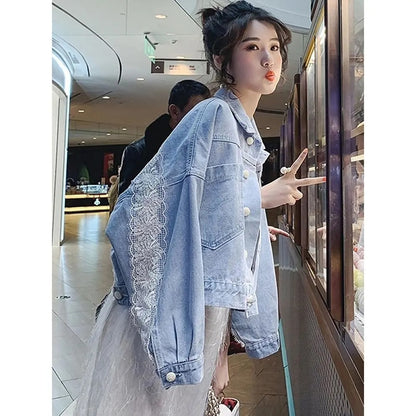 Lace Stitching Single Breasted Denim Jacket