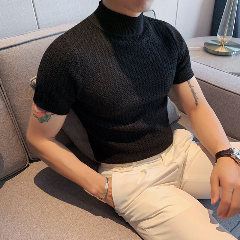 Men Short Sleeve Turtleneck Knitted Sweater