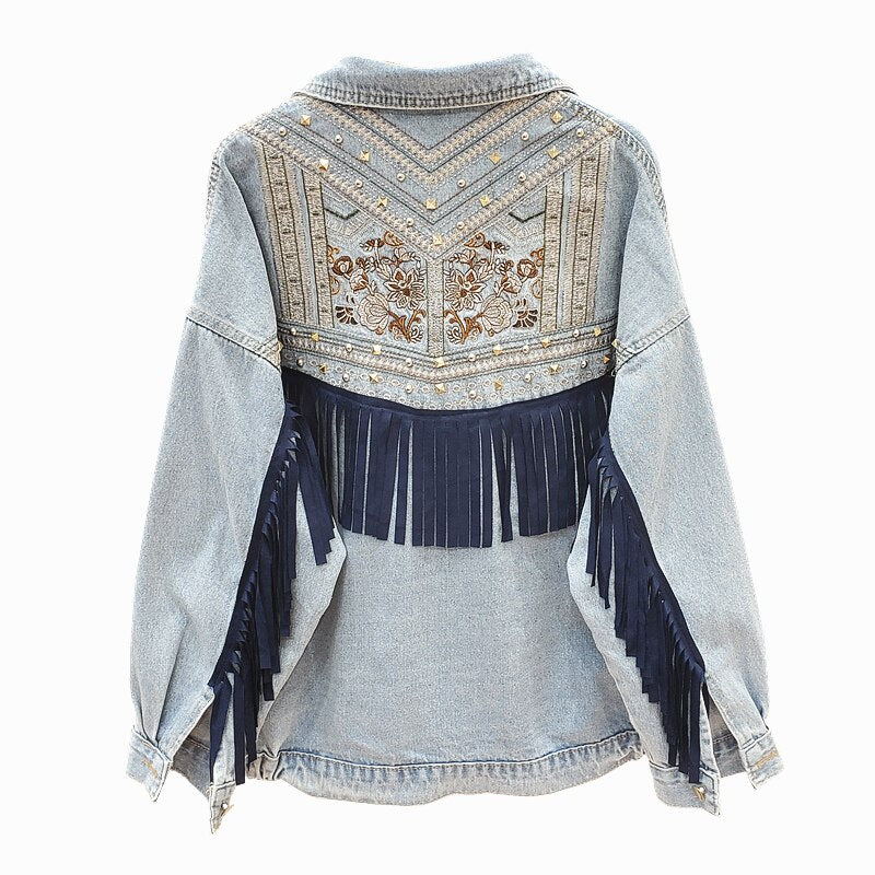 Denim Floral Embroidery Suede Fringe Jacket