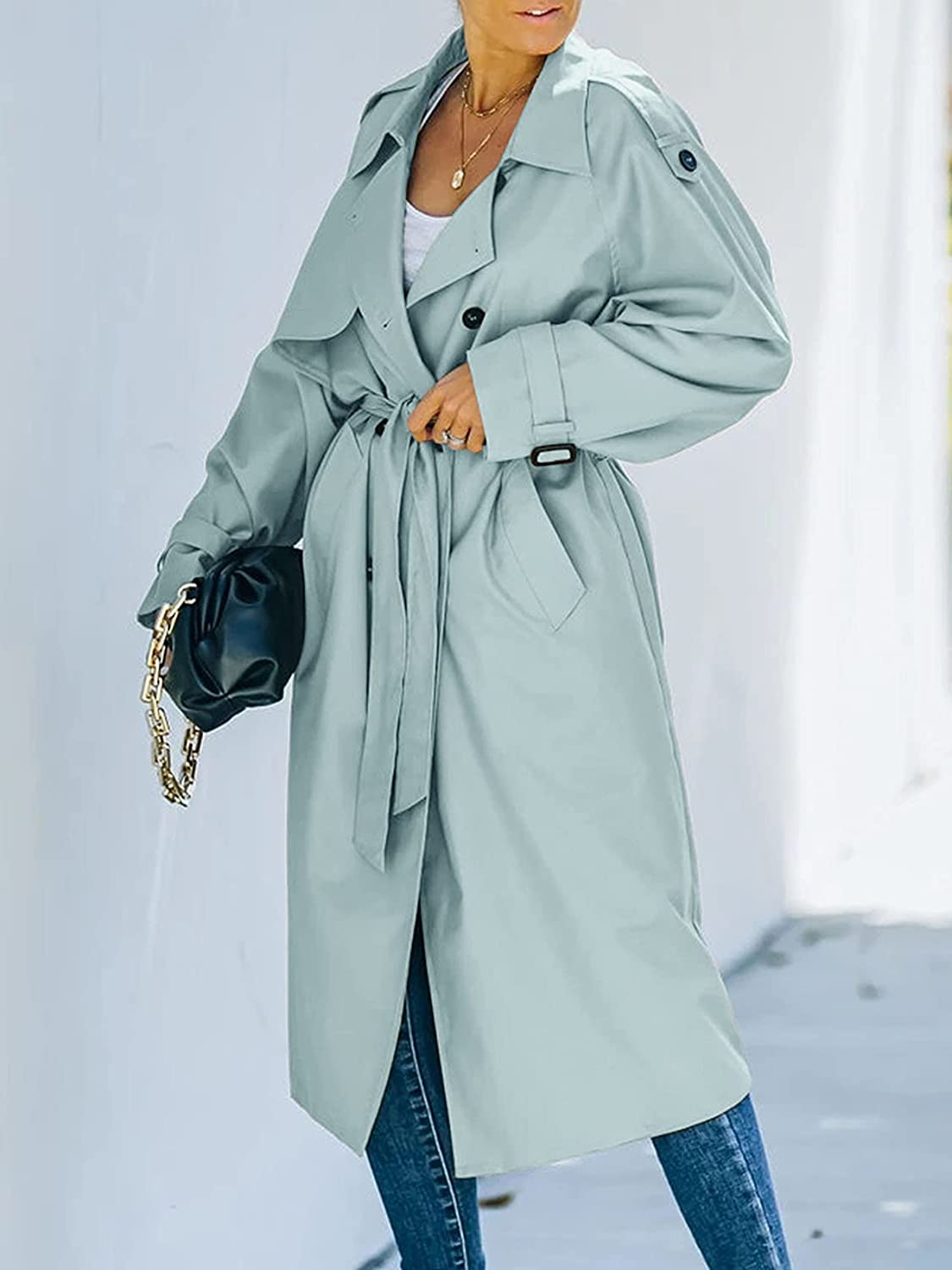 Double Breasted Windproof Long Trench Classic Coat with Belt