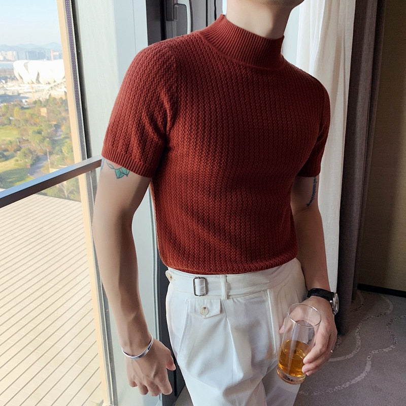 Men Short Sleeve Turtleneck Knitted Sweater