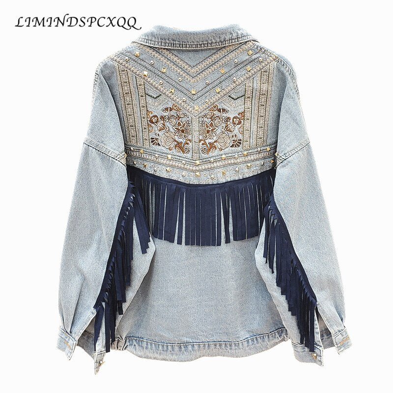 Denim Floral Embroidery Suede Fringe Jacket