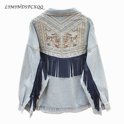 Denim Floral Embroidery Suede Fringe Jacket