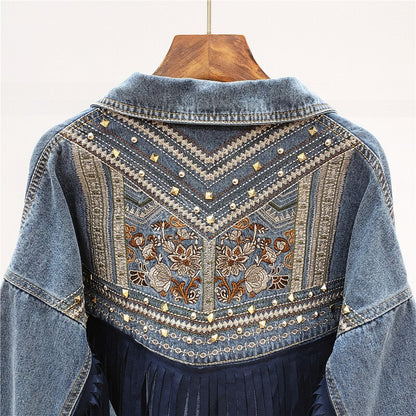 Denim Floral Embroidery Suede Fringe Jacket