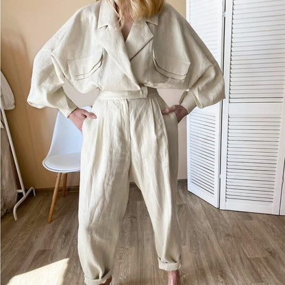 2 Pieces Sets Hollow Out Sleeve And Linen Oversize Pants