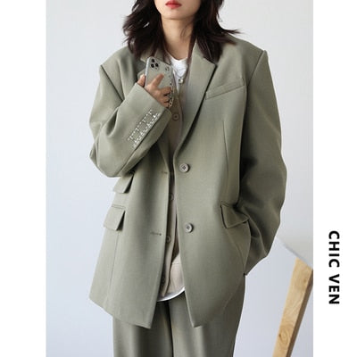 Oversize Wide Shoulder Twill Blazer