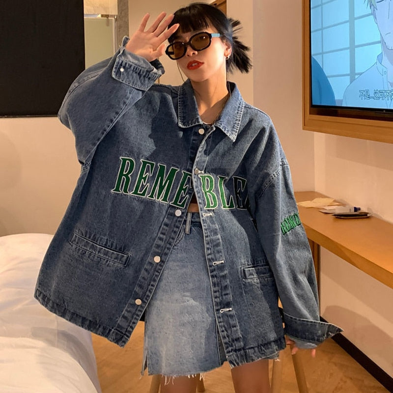 Oversized Embroidery Letter Print Denim Jacket