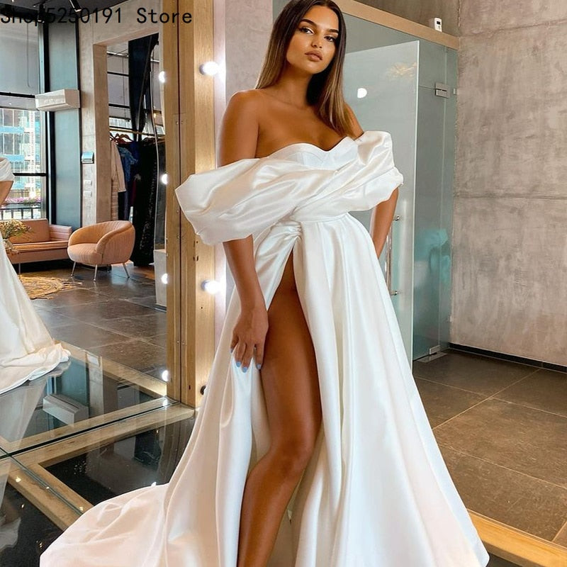 Satin Off Shoulder High Slit Strapless Draped Wedding Dress