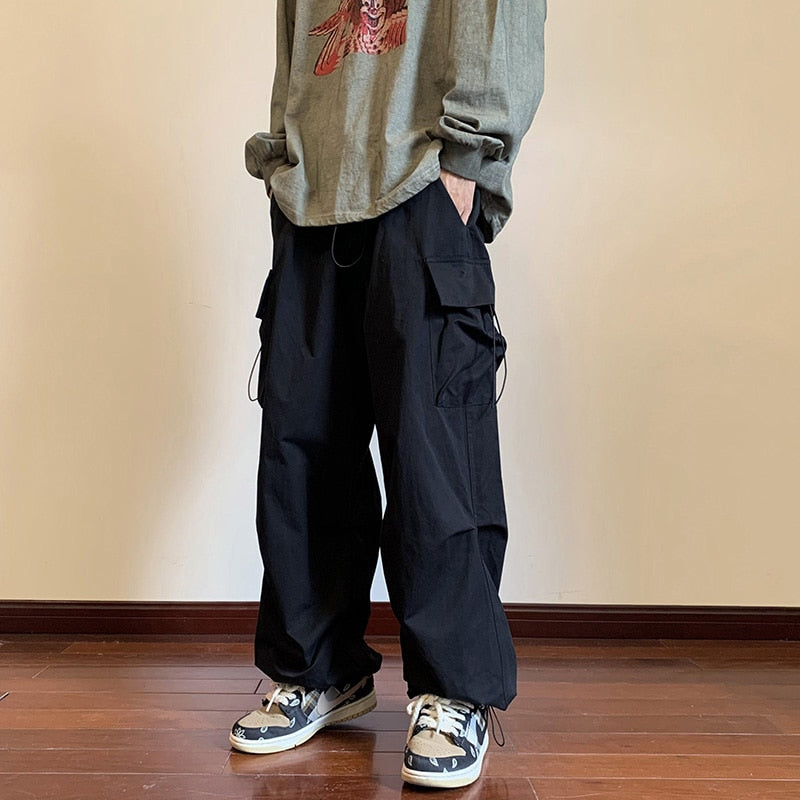 Casual Men Elastic Waist Solid Color Cargo Pants