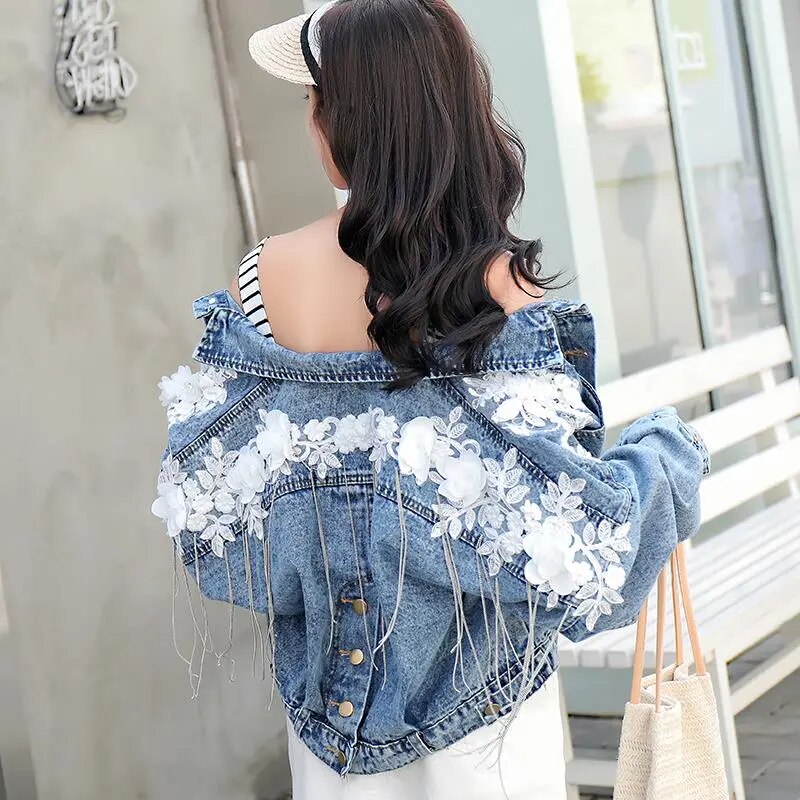 Fringe Beaded Frayed Trim Denim Jacket