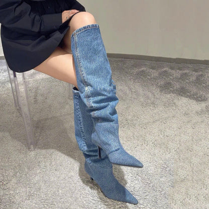 Pointed Toe Over the Knee Denim Pile Boots