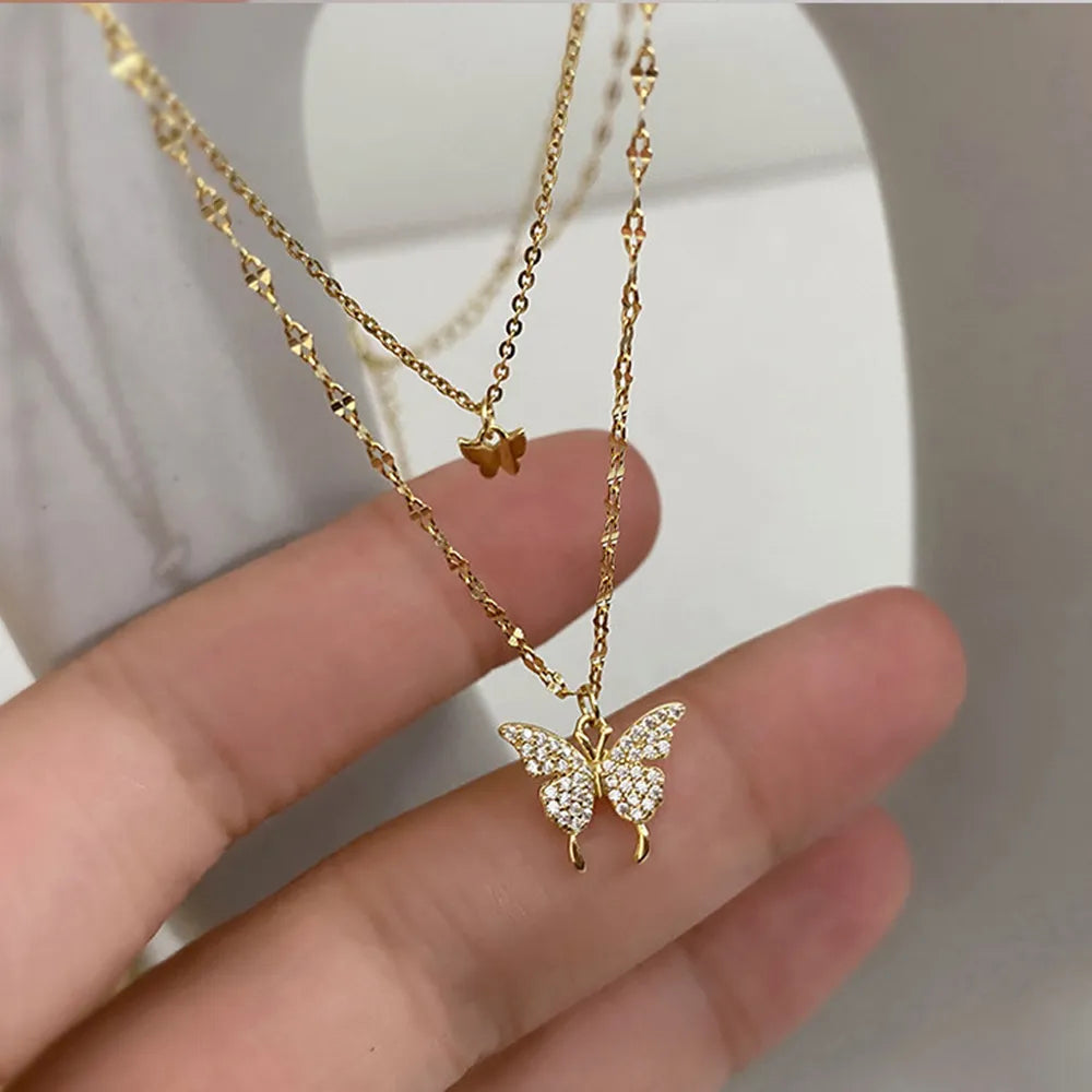 SUMENG 2023 Simple Double Layer Star Moon Charm  Multilayered Necklace Delicate Clavicle Chain Zircon For Women Fashion Jewelry