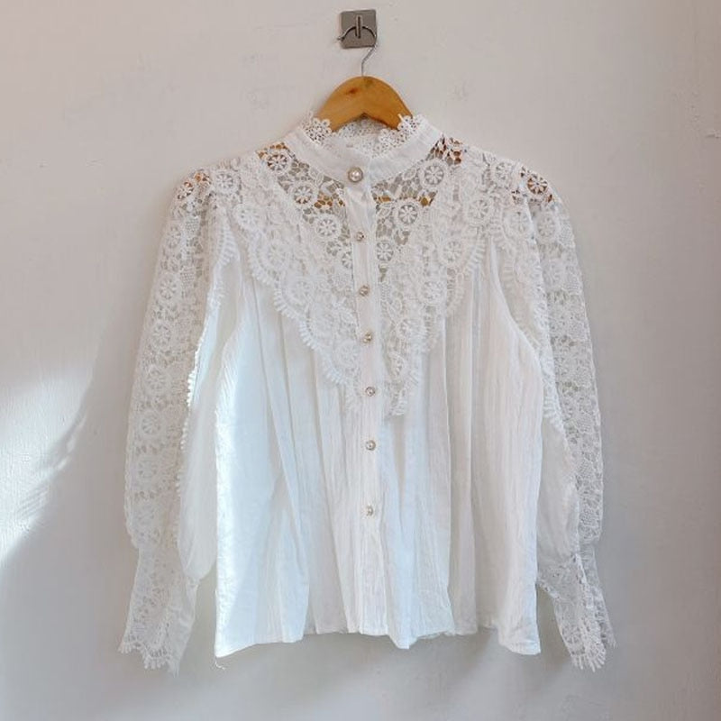 Lace Blouse Button Hollow Out Top