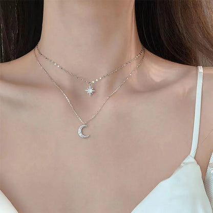 SUMENG 2023 Simple Double Layer Star Moon Charm  Multilayered Necklace Delicate Clavicle Chain Zircon For Women Fashion Jewelry