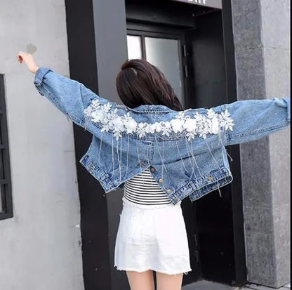 Fringe Beaded Frayed Trim Denim Jacket