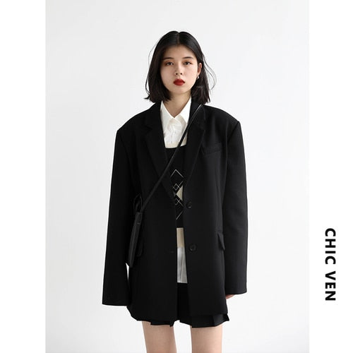 Oversize Wide Shoulder Twill Blazer