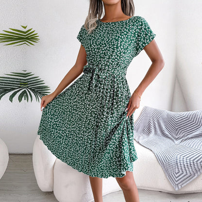 Summer Floral Pleated Short Sleeve High Waist Dress