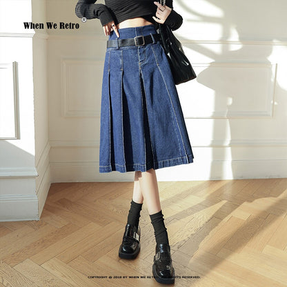 Vintage Knee-length Midi Long Pleated Denim Skirt