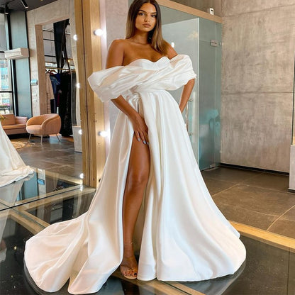 Satin Off Shoulder High Slit Strapless Draped Wedding Dress