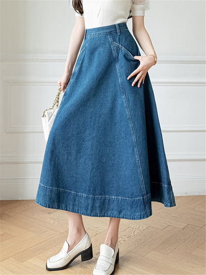 Long High Waist Denim A-Line Skirts