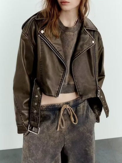 Women Vintage Loose Pu Faux Leather Short Jacket with Belt