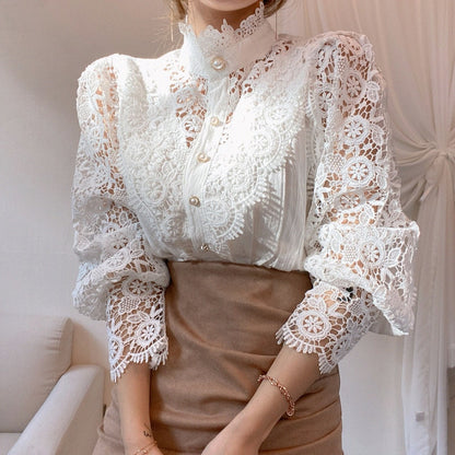 Lace Blouse Button Hollow Out Top