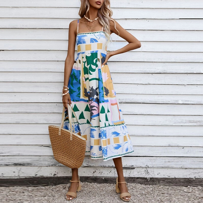 Colorful Print Spaghetti Straps Long Dress