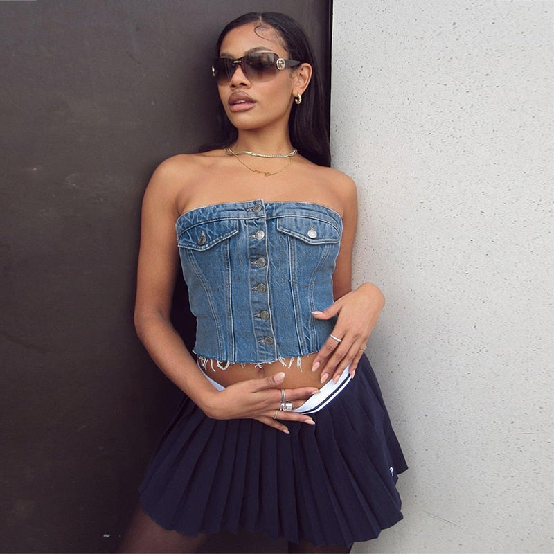 Solid Denim Sleeveless Crop Top