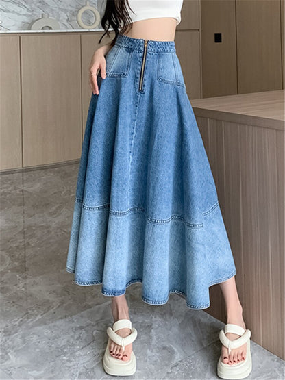 Long High Waist Gradient Denim Skirt