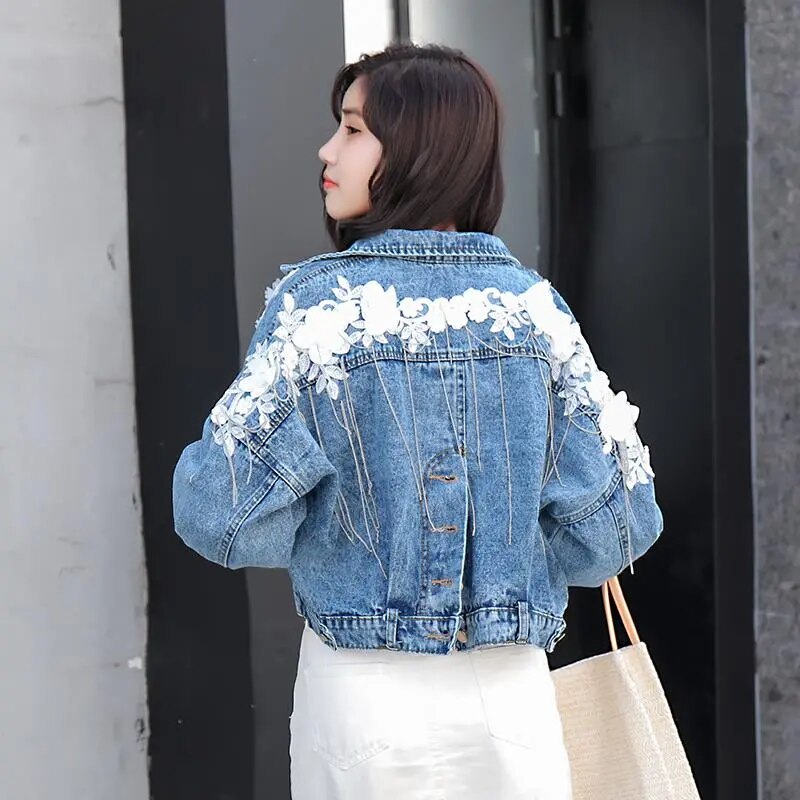 Fringe Beaded Frayed Trim Denim Jacket