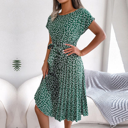 Summer Floral Pleated Short Sleeve High Waist Dress