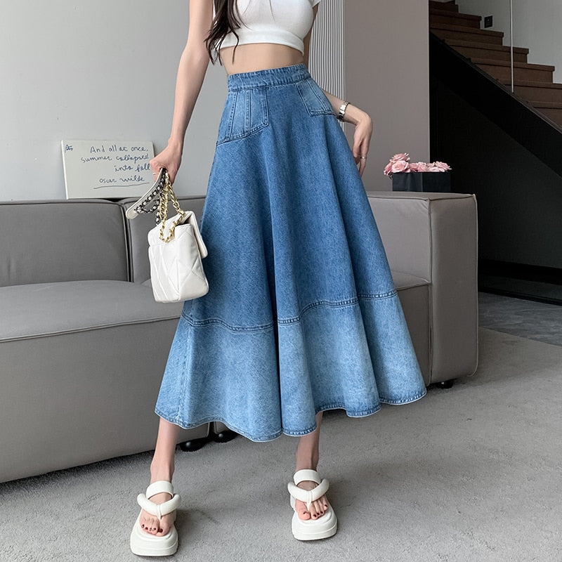 Long High Waist Gradient Denim Skirt