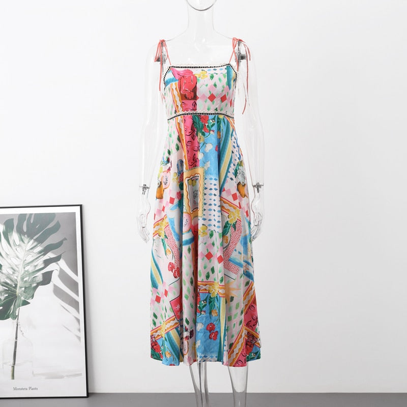 Colorful Print Spaghetti Straps Long Dress