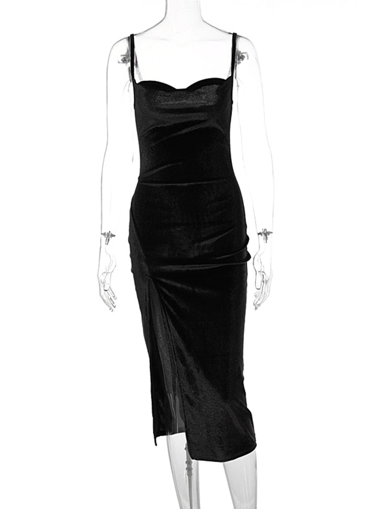 Velvet Swing Collar Sleeveless Slit Maxi Dress