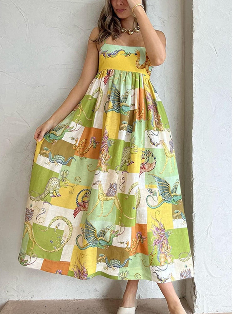 Colorful Print Spaghetti Straps Long Dress