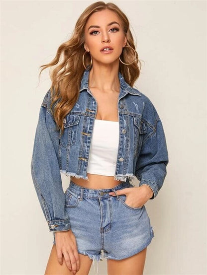 Casual Long-sleeved Lapel Cropped Top Denim Jacket