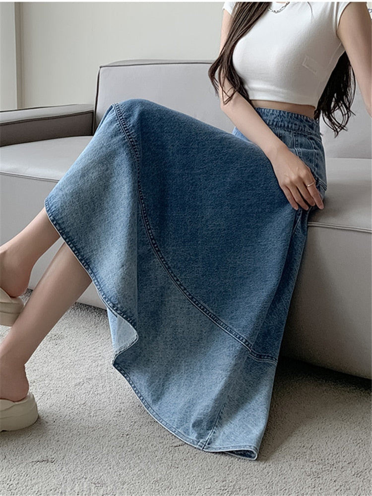 Long High Waist Gradient Denim Skirt