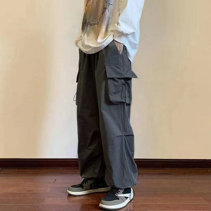 Casual Men Elastic Waist Solid Color Cargo Pants