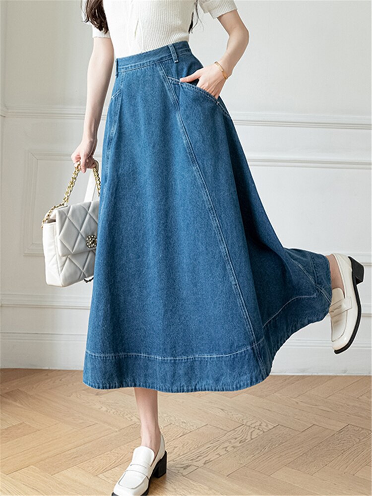 Long High Waist Denim A-Line Skirts