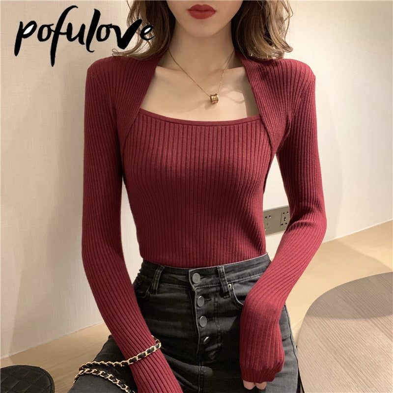 Women Long Sleeve Square Collar Top