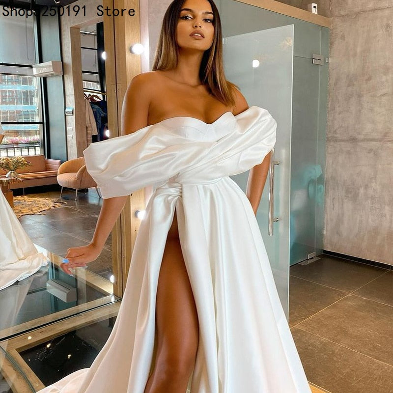 Satin Off Shoulder High Slit Strapless Draped Wedding Dress