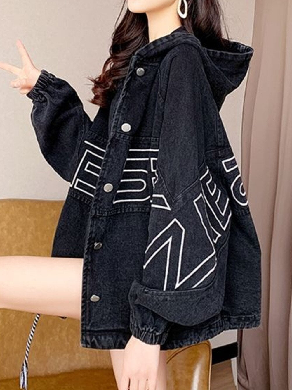 Female Loose Mid Length Hooded Denim Jacket