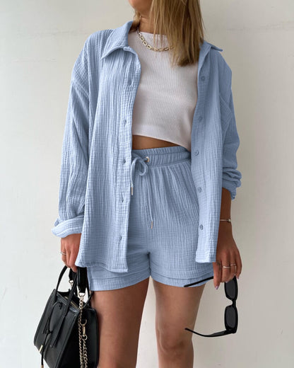 2 Piece Casual Cotton Turn-Down Collar Tops Suits with Shorts Gauze Cardigan