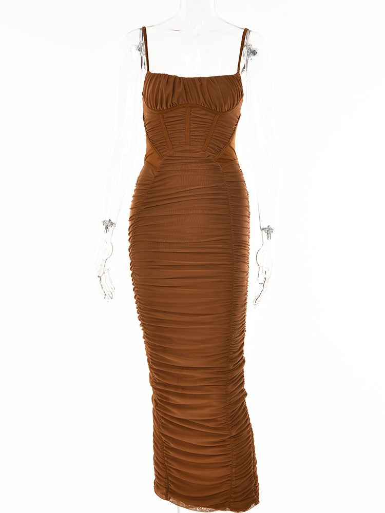 Corset Ruched Spaghetti Strap Sleeveless Backless Zipper Maxi Dress